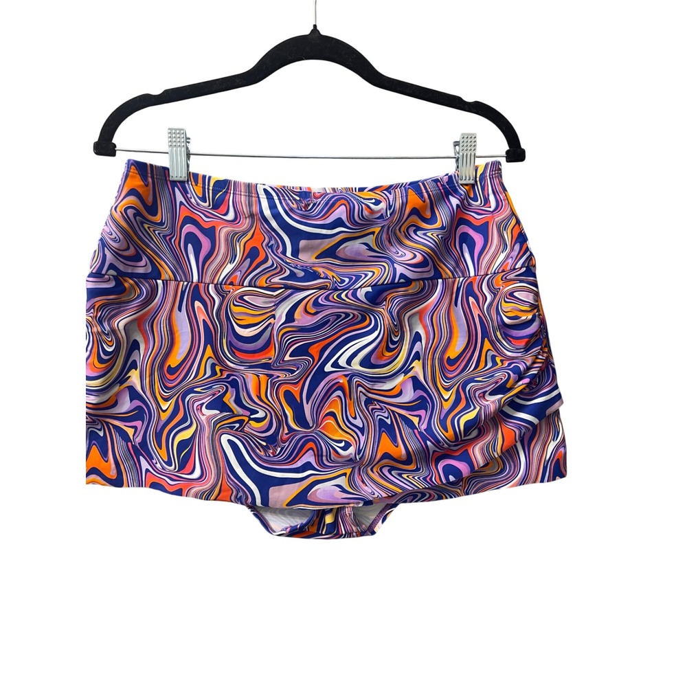 Psychedelic Marble Swirl High Waisted Swim Skirt Purple Orange Blue Ruched Skort